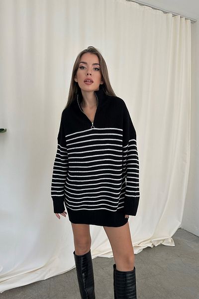 Eka Women's Black Fernuar Detail Striped Sweater 1014-3011