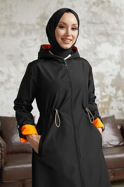 InStyle Trench Neon cu glugă în talie cu șnur - Negru \ Portocaliu