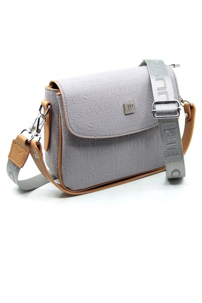 Just Polo حقيبة كتف نسائية رمادية منقوشة - 4 أقسام، حزام عمودي، 25x15 سم Pbu2184