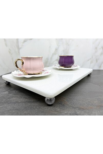 Modestmar Doğal Sade Beyaz Mermer Sunum - Servis Tabağı Gümüş Ayak Pure White