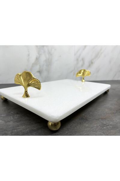 Modestmar Natural White Marble Presentation Tray 20x30 Ginkgo Detailed Serving Gold Ball Stand