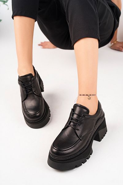Deripabuc Black Genuine Leather Platform Loafer - Serrated Women's Shoes Trc-3003