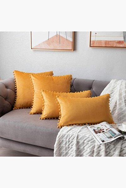 Bc Home Hardal 4 Adet Ponponlu Kırlent Kılıfı 2 Adet 43 X 43 Cm ,2 Adet 30 X ...