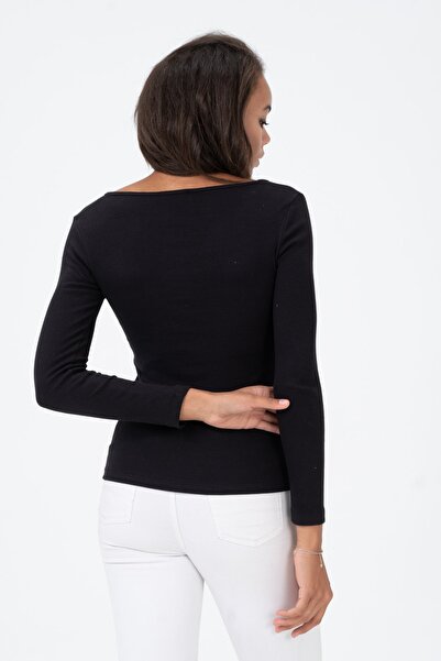 PUNKY CAT Women's Black Snap Fastener Knitted Long Sleeve Blouse