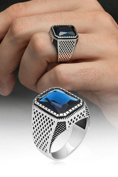 ALYANSEVİM Kare Parlament Mavisi Taşlı 925 Gümüş Erkek Yüzük