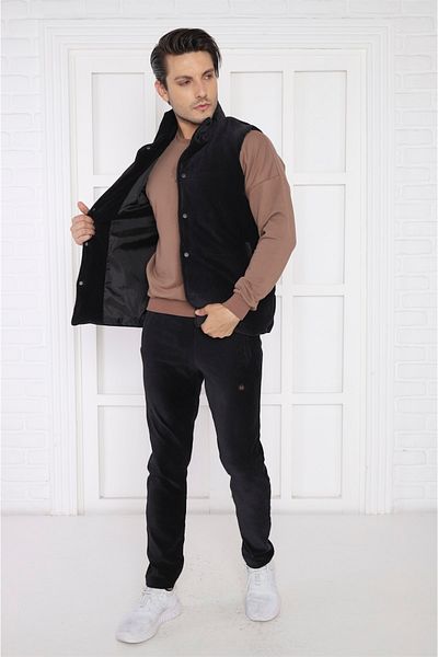 Escetic Ανδρικό αθλητικό Slimfit, Μαύρο Βελούδινο Υφασμάτινο Τριπλό Γιλέκο