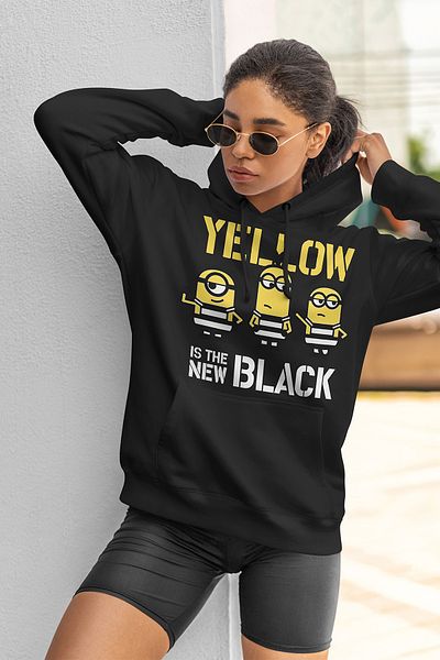 remonz Minions Yellow On The New Black εμπριμέ μαύρο φούτερ με κουκούλα ανασηκωμένη