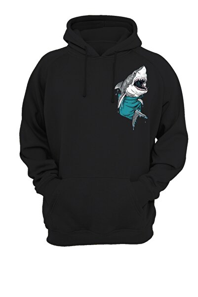 remonz Cep Köpekbalığı Baskılı Fermuarsız Kapüşonlu Sweatshirt