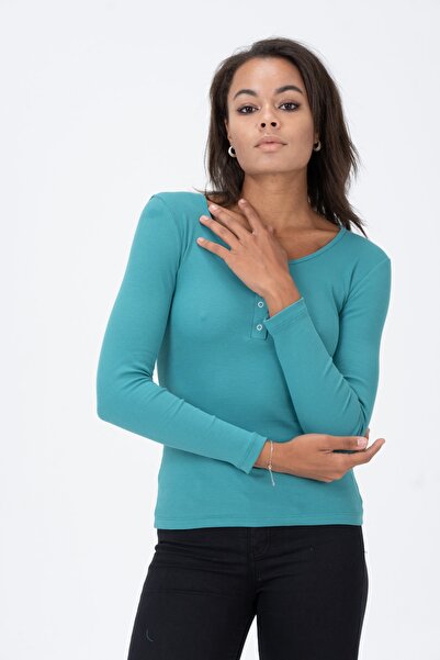 PUNKY CAT Women's Green Collar Snap-On Knitted Long Sleeve Blouse