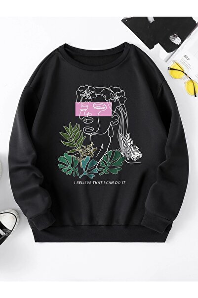 Yasolin Unisex Belief Štampano Oversize kroj okrugla kragna Crna majica