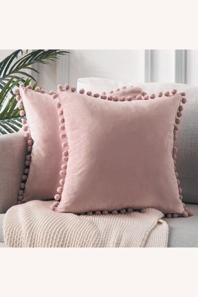 Bc Home طقم غطاء وسادة رمي 4 قطع باللون الوردي - الرمادي مع بوم بوم 4 قطع 43 × 43 سم وردي، رمادي