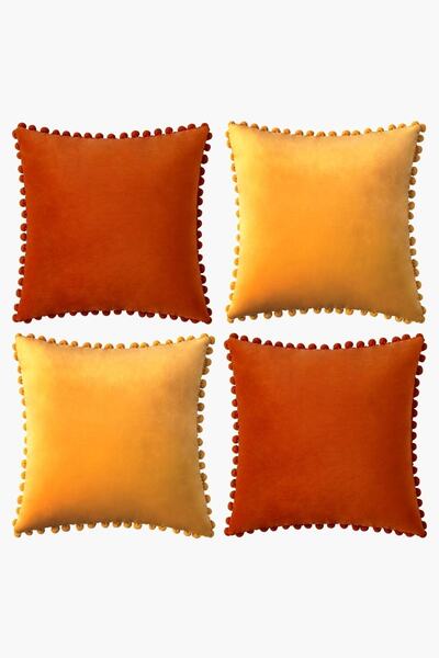 Bc Home Sonbahar Renkleri 4 Adet Ponponlu Kırlent Kılıfı Seti 4 Adet 43 X 43 Cm Kiremit, Hardal