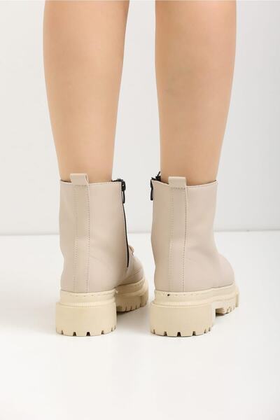 Ayakkabı Ülkesi Tied Zippered Non-Slip Sole Skin Cream Color Women's Boots
