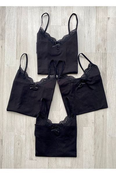 VicTroy 4 Pieces Black Color Bow Lace String Strap Cotton Undershirt