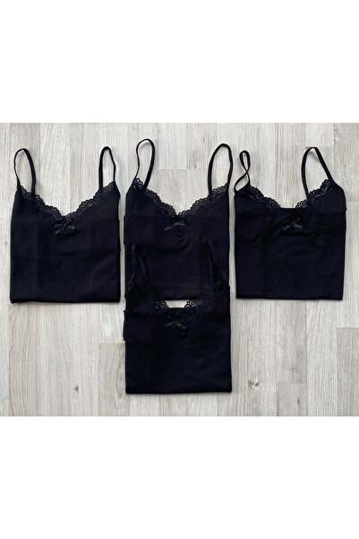 VicTroy 4 Pieces Black Color Bow Lace String Strap Cotton Undershirt