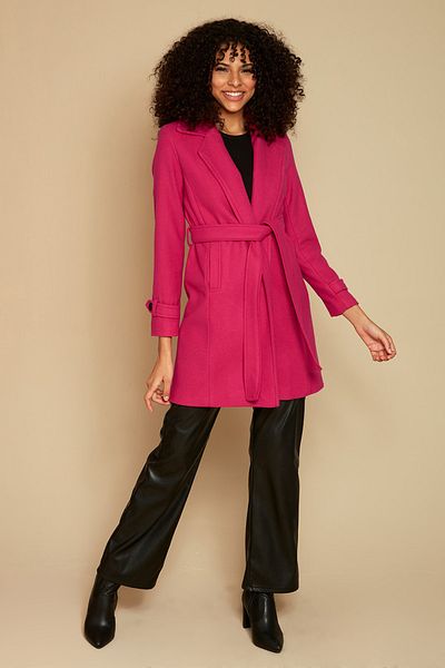 Select Moda Women's Pink Belted Lined Cashmere Coat