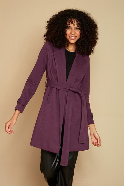 Select Moda Women's Purple Belted Gabardine Fabric Coat