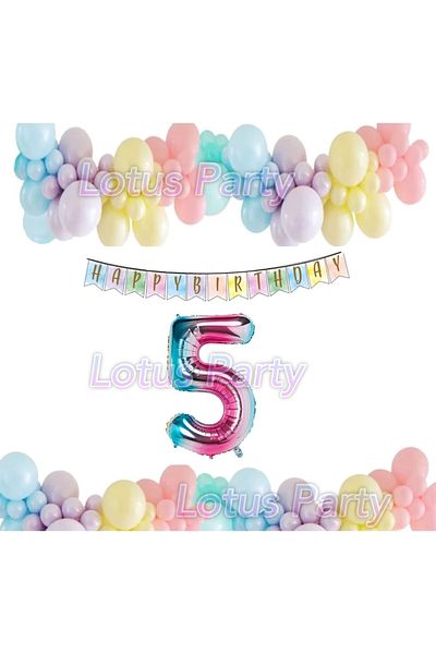 LOTUS PARTY Rainbow Concept 5 Year Old Birthday Set Figure Foil Balloon Happy Birrtday Banner Macarons Balloon Chain