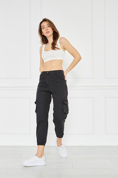 Tarz Cool Women's Black Jogger Leg Elastic Cargo Pocket Gabardine Women's Trousers Women's Cargo