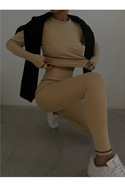 lovebox Set cu colanți crop bej cu cusături Karyoka pentru femei 1264