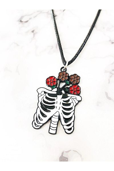 Touz Poyraz Moda Skeleton Rib And Roses Necklace Necklace