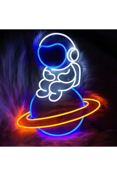 dekoraven Astronot & Satürn Neon Yazı Dekoratif Aydınlatma Ve Gece Lambası