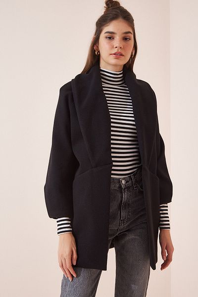 Happiness İstanbul Woman's Black Shawl Collar Spoon Jacket Coat WF00015