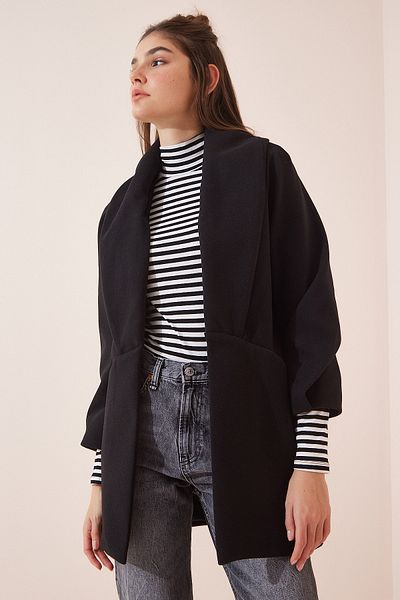 Happiness İstanbul Woman's Black Shawl Collar Spoon Jacket Coat WF00015