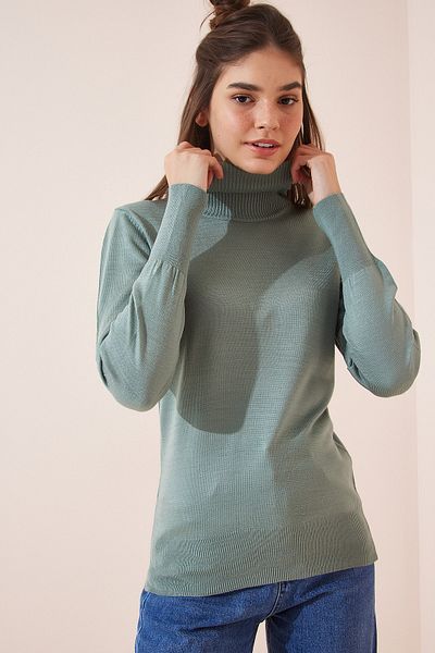 Happiness İstanbul Women's Green Turtleneck Light Balloon Sleeve Knitwear Sweater DD01126