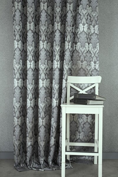 MASSARELLI Fon Perde Klasik Damask Desen Antrasit-gümüş 1-2 Seyrek Pile