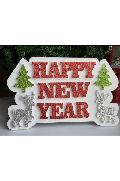 QUEEN AKSESUAR Yeni Yıl Yılbaşı Özel Büyük Strafor Kapı Duvar Dekor Simli Happy New Year Yazılı Geyikli Pano Süs