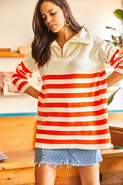 Olalook Pulover de damă, portocaliu, cu fermoar, în dungi, cu guler detaliat, tricotat supradimensionat KZK-19000468