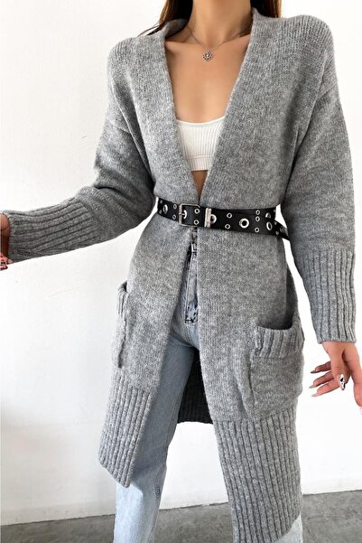 FEMELLE Women's Gray Color Long Double Pocket Standard Size Knitwear Cardigan