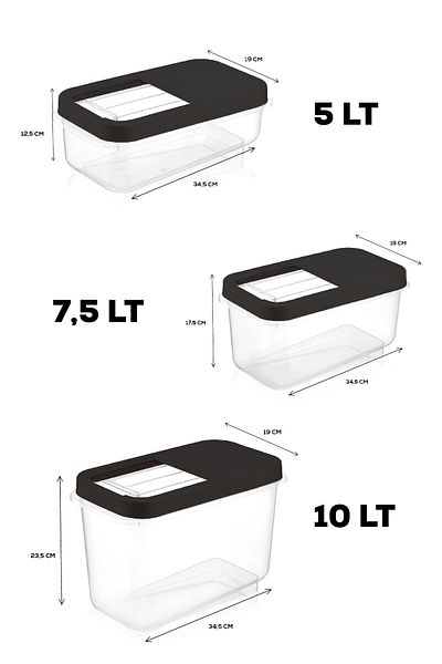 Meleni Home 3-Piece Pulses Storage Container - Food Storage Container with Sliding Lid Flour Container Anthracite 5 Lt-7,5 Lt-10 Lt