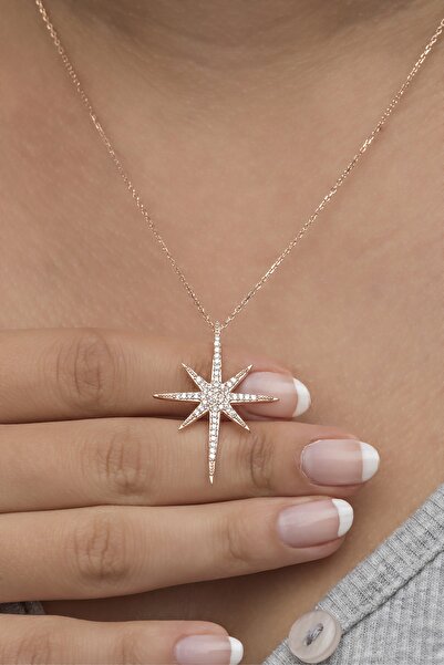 Nereze 925 Ayar Gümüş Rose Zirkon Taşlı Kutup Yıldızı Kolye