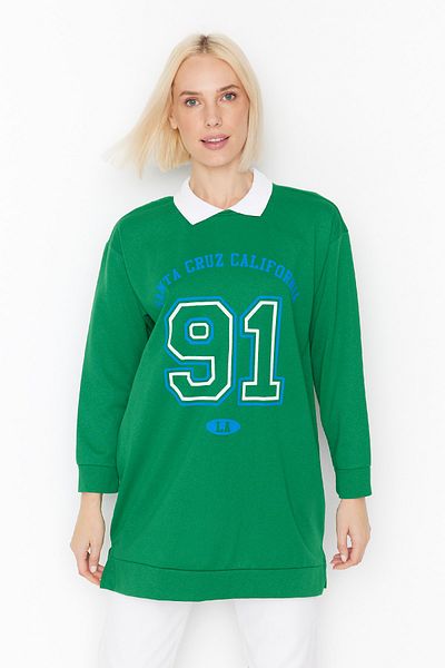 Trendyol Modest Green Polo Neck Printed Soft Lined Knitted Sweatshirt TCTAW23TW00186