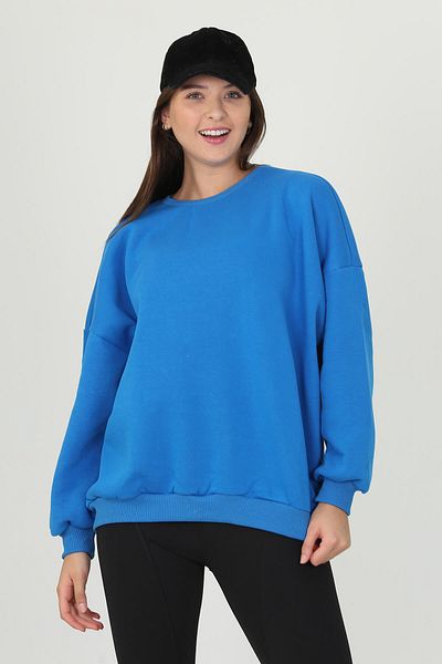 Neşeli Butik Hanorac albastru supradimensionat pentru femei, cu gât crew, cu panglică Fvr001