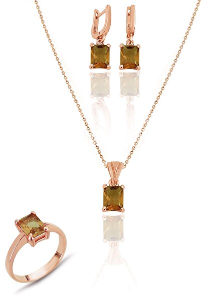 Aykat Zultanit Taşlı Rose Gümüş Üçlü Set Yüzük Küpe Ve Kolye Set-406