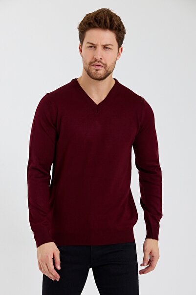 Minharir Πλεκτό πουλόβερ με λαιμόκοψη σε βυσσινί χρώμα