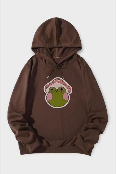 EFBUTİK Braunes Kapuzen-Frosch-Pilz-Sweatshirt