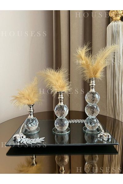 Housess Smoked Tray with Leaf Detail and 3-Piece Silver Feather Figurine Ornament