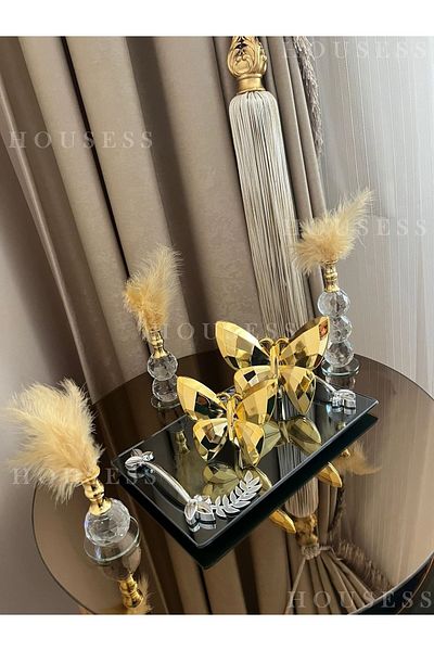 Housess صينية مدخنة بتفاصيل أوراق شجر، وحامل ريش ذهبي مكون من 3 قطع، وقطعتين من تمثال الفراشة الذهبية