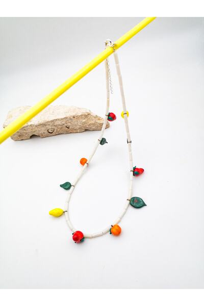 camADA Murano Çilek Şeftali Limon Meyveli Gümüş Mercan Kolye