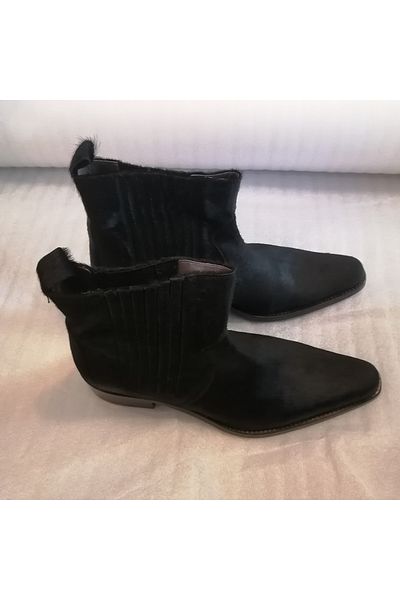 MOCASSINI Men's Genuine Leather Furry Thai Black Side Stitched Elastic Genuine Leather Sole Cowboy Boots