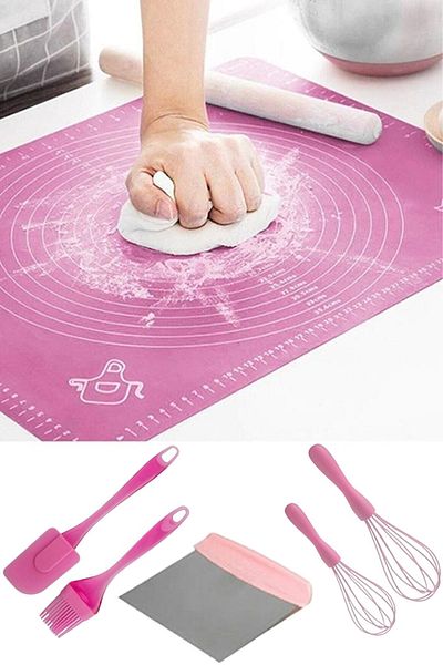 Trouvaille 6 Piece Presentation Preparation Silicone Dough Rolling Mat, Silicone Beater, Spatula, Brush Kitchen Preparation Set