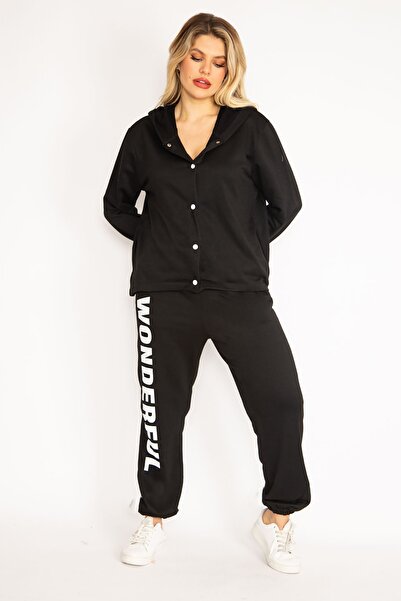 Şans Women's Large Size Black Snap Button Tracksuit 65n35107