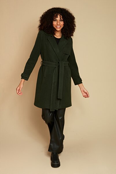 Select Moda Kadın Haki Düğme Kapamalı Astarlı Kuşaklı Kaşe Kaban