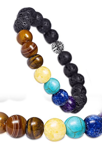 Tesbih Atölyesi Certified 7 Chakra Natural Stone Bracelet (Agate Tiger Eye Calcite Turquoise Lapis Lazuli Amethyst Lava)