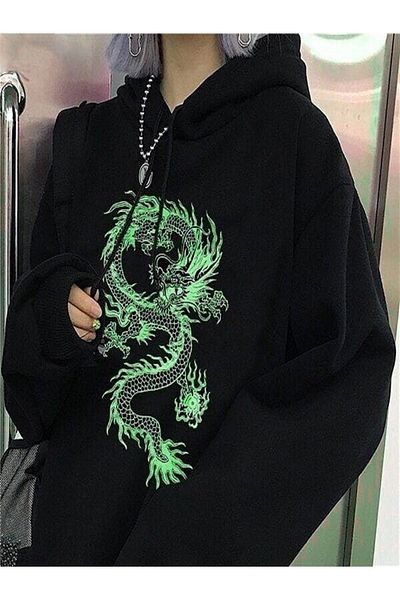 Touz Anime Harajuku Oversize Unisex green Dragon