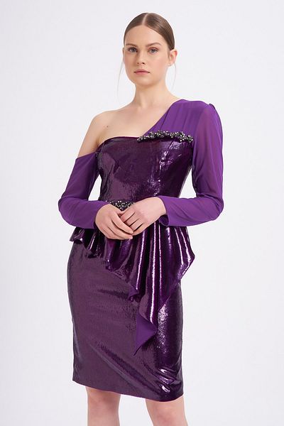Balizza Blz-single Shoulder Low-cut Evening Dress with Stone Accessory Detail